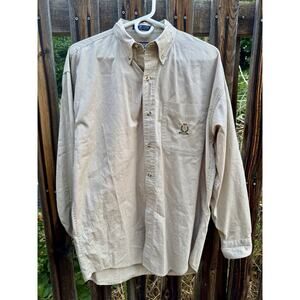 Vintage Chaps Ralph Lauren Shirt Mens M Crest Logo Beige Tan Solid Button Down
